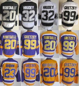 Homens Retro Hóquei 23 Dustin Brown Jersey Vintage Clássico 99 Wayne Gretzky 20 Luc Robitaille 32 Kelly Hrudey Retire tudo costurado preto branco amarelo roxo cor da equipe