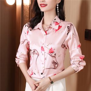 Vintage Lapel Classic Button Pink Shirt Luxury Designer Långärmad Silk Satin Office Ladies Bluses 2023 Autumn Winter Women Designer Tie-Dye Shirts Runway Tops