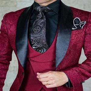 Style Groomsmen Bourgogne och Black Groom Tuxedos Shawl Lapel Men Suits Wedding Man Jacket Vest Pants Tie Z194 Men's BLA253E