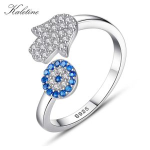 Anéis de casamento Kaletine 925 prata esterlina azul hamsa mão fatima ajustável feminino tamanho aberto anel jóias 231005