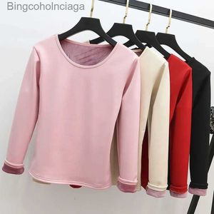 Women's Thermal Underwear Winter Women's Warm Tops Solid Plush Thermal Underwear Thick Long-sleeved Pullover Shirts Slim Fleece Lined Bottoming ShirtL231005