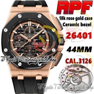 APF APF26401 CAL 3126 A3126 Chronograph Outomatic Mens Watch Rose Gold Case Case Ceramic Black Salbber Rubber Super VE2346