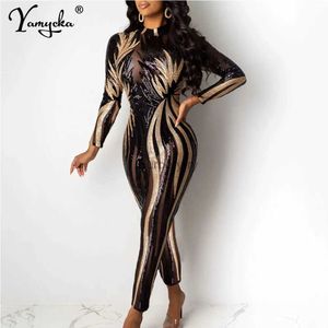Women's Jumpsuits Rompers Sexy see through black Sequin bodycon jumpsuit women summer birthday party club outfits jumpsuits Long sleeve bodysuit overallsL231005