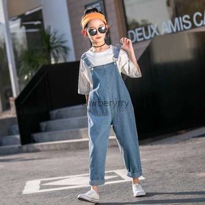 Kvinnors jumpsuits rompers Girls Denim Overalls Children Cowboy Suspender Pants Children Jumpsuit Girl Jeans Trousers Spring Autumn 4to14L231005