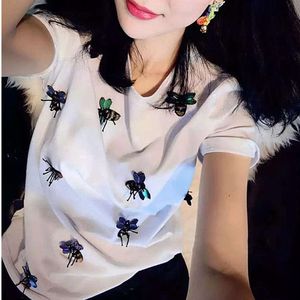 new brand spring summer fashion loose sexy letter lips Print T-shirt embroidered Bee bead sequins tops leisure bee T-shirt Y200930221D