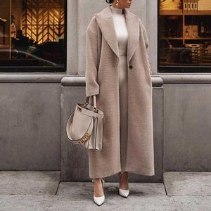 Women's Wool Blends New Fashion Vintage Women Winter Loose Blend Wool Coat Tops Elegant Turn-down Collar Long Cardigan Jackets Long Sleeve Outwears 0909