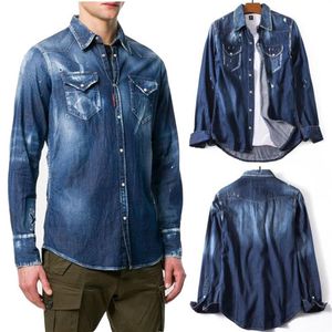 Ripped Denim Shirt Men's Distressed Bleached Wash Vintage Casual Slim Fit Jean Shirts Cool Guy206Q