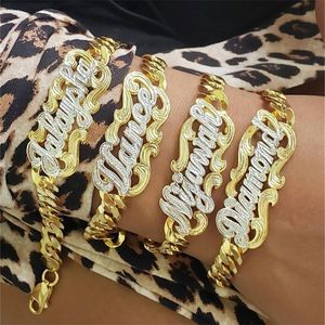 Charm Bracelets Kristenco Double Plate 이름 2 톤 팔찌 스테인리스 스틸 쿠바 체인 여성 선물 230928