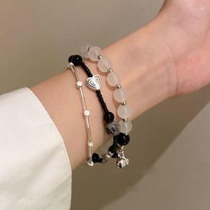 Braccialetti a maglie Bracciale vintage a doppio strato con cuore d'amore Bracciale con perline bianche nere Catena da polso regolabile Pezzi unici di gioielli da donna