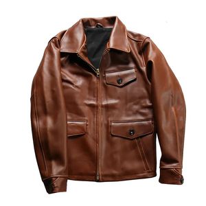 Men s Leather Faux Motorcycle Multi pocket Brown Bright Genuine Cowhide Jacket Real Clothings 231005