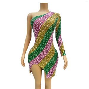 Stage Wear Sexy Colorful Rhinestones Singel Sleeves Dress Birthday Celebrate Evening Big Stones Performance Costume Dance Chuncai