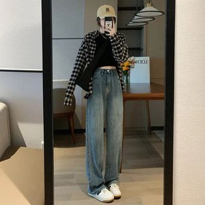 Jeans da donna a vita alta con gamba larga, pantaloni dritti vintage sottili, alla moda, lavapavimenti 231005