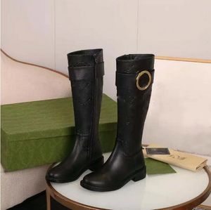 Latest women's long boots with low heel round toe leather and fabric and suede panels with metal buckle decorative print size 35-42