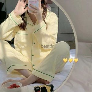 Kadın Uyku Salonu Kadın Pijamaları Set Bahar Sonbahar Uzun Kollu Bayanlar Kore tarzı Sleepwear 2 Pant Pantolonlu Katı Ev Takımına Kadar Katı Ev Takım