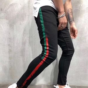 Jeans masculinos homens homens designer magro rasgado listras vermelhas calças estiramento preto magro motociclista jeans11805