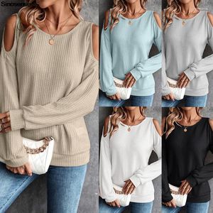 Maglioni da donna Autunno Inverno Maglione a maniche lunghe Bottoni Spalle fredde Girocollo Tunica ampia Top Pullover Maglione lavorato a coste