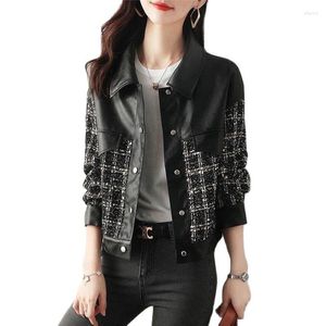 Women's Leather Fashion Washed Plaid Jackets Locomotive Coat Tops 2023 Spring Autumn Korean Casual Jacket Female Outerwear