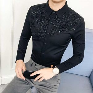 British Style Men's Shirt Casual Slim Tailoring Men's Sexy Lace Patchwork Shirt Long Sleeve Casual Men's Social Shi211x