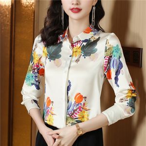 Bege seda cetim floral elegante camisa feminina designer manga longa lapela blusas sofisticadas 2023 outono inverno clássico botão acima camisas escritório senhoras runway topos