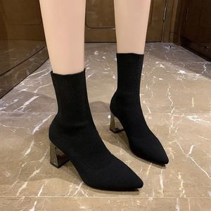 Сапоги, пикантные женские туфли на высоком каблуке с острым носком, на коротком каблуке, вязаные женские женские носки без шнуровки 231005