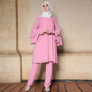 Roupas étnicas Muçulmano Abaya para Mulher Rosa Mão Costurada Broca Lotus Manga Dois Peça Set Khimar Islam Malásia Baju Kurung