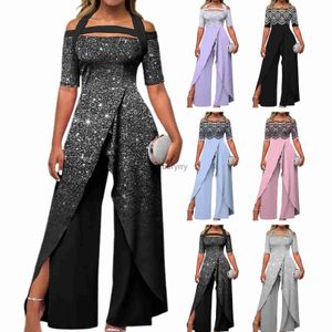 Kvinnors jumpsuits Rompers European Style Elegant Woman Jumpsuit Plus Size Summer Printed Long Overalls Playsuit Beach Wide Leg Pants Romperl231005