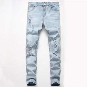 Jeans masculinos moda personalidade rasgado fino ajuste zíper estiramento denim calças dos homens super magro vaqueros hombre254o