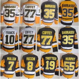 Män retro hockey 8 Mark Recchi Jerseys CCM Pensionera 7 Joe Mullen 10 Ron Francis 19 Bryan Trottier 35 Tom Barrasso 77 Paul Coffey Vintage Classic Black White Brodery