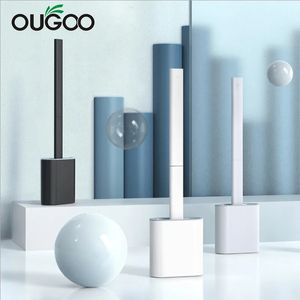 Toilet Brushes Holders OUGOO Toilet Brush Silicone Flat With Holder Set Removable Long Handled White Cleaner Brush Wall Mounted Wc Bathroom Accessories 230926