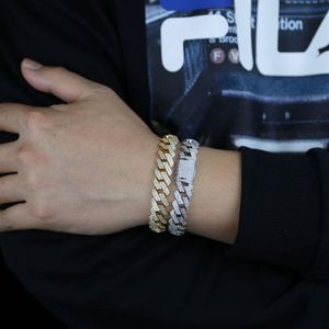 Cała mrożona bransoletka Hip Hop 15 mm szerokość rzędy Bling dwa rzędowe sześcienne cyrkonia kubańska łańcuch HIP HOP Men Boy Rock Bra214m