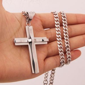 Correntes vintage de aço inoxidável prata cor cruz colar crucifixo pendan jóias para mulheres homens 6mm cadeia