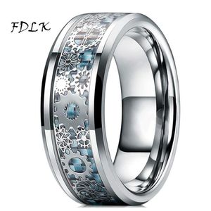 Eheringe Herren Steampunk Zahnrad Edelstahl Ring Drachen Inlay Hellblau Kohlefaser Gothic Band Größe 6-13241T