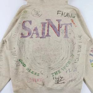 Jaquetas masculinas 2023 outono inverno saint michael pullovers pintura à mão graffiti do velho destruir moletom com capuz solto oversize hoodies 231005