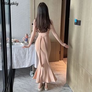 Plus size vestidos de manga longa mulheres chegada sexy vestidos de mujer magro v pescoço sólido todo o jogo interior meados de bezerro estética adorável retro 231005