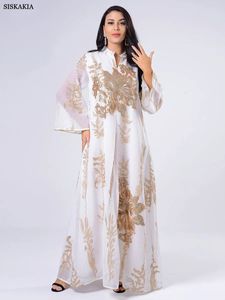 Abiti casual di base Siskakia Paillettes Abito Abaya ricamato per le donne Caftano marocchino Turchia Arabo Jalabiya Abito etnico islamico bianco Eid 231005