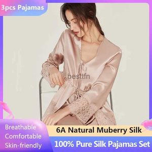 Kadın Uyku Salonu% 100 Saf İpek Pijama Setleri Kadınlar İçin Uzun Kollu Top+Pantolon+Süsanlar 3 PCS Ev Takımları Nightwear Ladies Mulberry Silk Pyjamasl231005