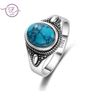 Bröllopsringar 925 Sterling Silver Natural Turquoise Engagement for Women Men Vintage Fine Jewelry Party Ring Gift 231005