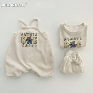 Macacão no verão garoto bebê meninos meninas manga curta impressão urso top t-shirtsshorts infantil nascido sling romper one-pieces algodão 100% 231005