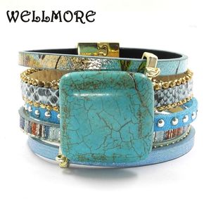 Bangle Blue Leather Armband Stone Charm Armband Magnet Buckle Bohemian Boho Bangles B161001 230928