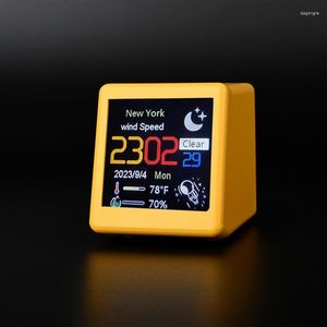 Bordklockor mini Desktop Electronic Clock Intelligent Display Weather Temperatur Fuktighet Tid Diy Animation LCD Digital skärm