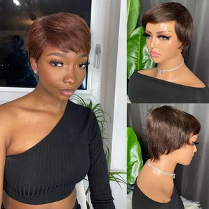 Malaysian Natural Brown Raw Human Hair Straight Pixie Cut Short Wig Adjustable Peruvian Indian Malaysian Hair Wig