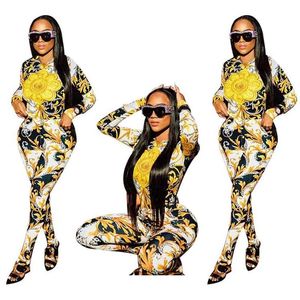 Echoine Sexy Yellow Print Jumpsuit Long Sleeve Fall Vintage Romper Women Party Club Outfits Streetwear Skinny Bodycon Overalls Wom243l
