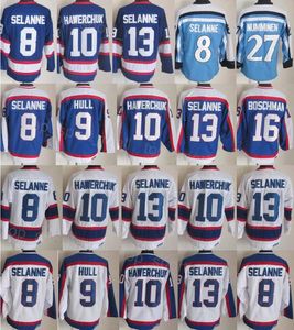 Mężczyźni retro hokej 27 Teppo Numminen Jersey emeryt 8 Teemu Selanne 10 Dale Hawerchuk 16 Laurie Boschman 9 Bobby Hull Vintage Classic CCM Blue White Stitch Oddychał