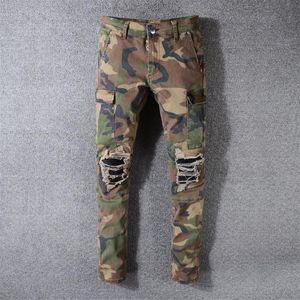 Jeans da uomo 2021 Streetwear Moda Uomo Camouflage Militare Grande Tasca Denim Pantaloni Cargo Slim Fit Hip Hop Strappato Punk Pantaloni300a