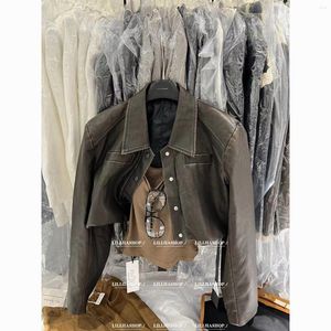 Kadın Ceketleri Retro Yüksek Sınıf Polo Yakası Deri Ceket Kadınlar Top Sonbahar Amerikan Baharatlı Kız Çok Slim Kısa Pu Ceket Giysileri