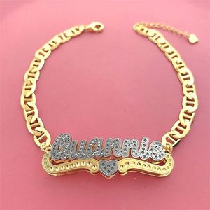 Charme pulseiras personalizadas dupla camada dois tons placa de identificação 3d com coração personalizado banhado a ouro pulseira de nome personalizado para mulheres 230928