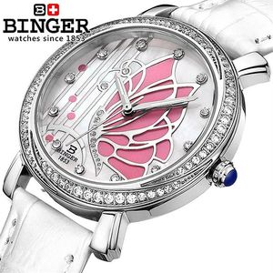 Switzerland Binger Women's Watches Fashion Luxury Watch Leather Strap Quartz Butterfly Diamond Wristwatches B-3019L296O