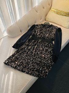 2023 Black Solid Color Panelled Dress Long Sleeve Round Neck Sequins Knee-Length Casual Dresses J3F067753