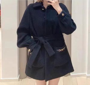 23 فصل الشتاء الجديد Ma J/Black Plended Woolen Cloth One Button Belt Lapel Woolen Coat Coat Women's Black