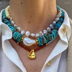 Choker Natural Stone Freshwater Pearl Pendant Women Men Beaded Necklace Handmade Blue Synthetic Turquoises Prayer Jewelry